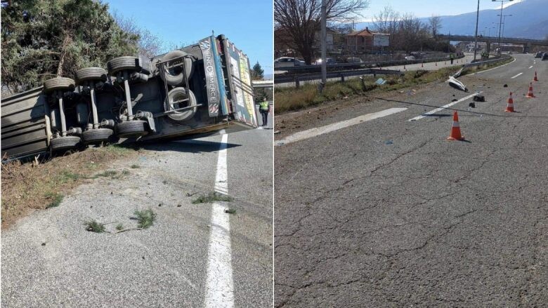 Aksident në hyrje të Tetovës, kamioni humb kontrollin dhe kalon në drejtim të kundërt të autostradës