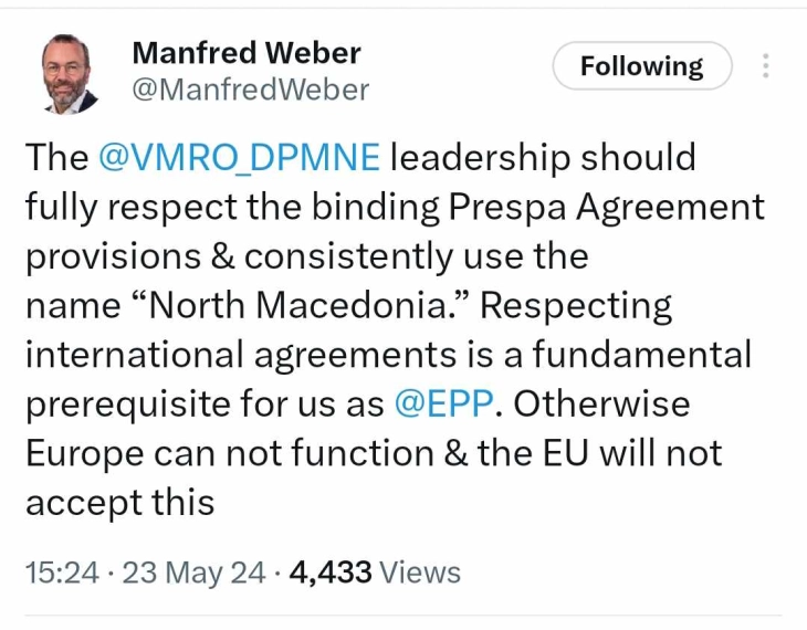 Veber kërkon nga VMRO-DPMNE që ta respektojë Marrëveshjen e Prespës dhe ta përdorë emrin Maqedonia e Veriut