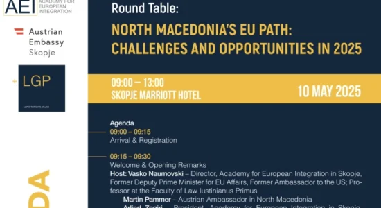 Tryezë e rrumbullakët “Rruga e Maqedonisë së Veriut drejt BE-së: Sfida dhe mundësi në vitin 2025”Në organizim të Akademisë për Integrim Evropian (AIE) sot do të mbahet panel tryezë e rrumbullakët me temë “Rruga e Maqedonisë së Veriut drejt BE-së: Sfida dhe mundësi në vitin 2025”.  Siç informojnë nga Akademia, moderator i ngjarjes do të jetë drejtori i AIE-së në Shkup, Vasko Naumovski, ndërsa fjalime do të mbajnë ambasadori austriak në Shkup Martin Pamer, themeluesi dhe kryetari i Bordit Ndërkombëtar të AIE-së në Shkup, Gabriel Lanski, si dhe kryetari i AIE-së, Arlind Zeqiri.  Ndërkohë, nga AIE thonë se folësit në panel diskutimin do të jenë ekspertë dhe praktikues në fushën e integrimit dhe Bashkimit Evropian, përkatësisht gjyqtarja në Gjykatën Evropiane të Drejtësisë, si dhe ish-Ministrja e Drejtësisë në Austri, Maria Berger, ish-Drejtori i Evropës Juglindore dhe Zgjerimit të BE-së në Ministrinë e Punëve të Jashtme të Austrisë, Klaus Voelfer, Zëvendësministrja për Çështjet Evropiane në Maqedoninë e Veriut, Viktorija Trajkov, si dhe Gerhard Jarosh, udhëheqës i së Drejtës penale ndërkombëtare në LGP Grup dhe ish-zëvendësprokuror i përgjithshëm në Vjenë.