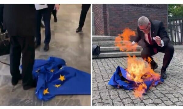 Kandidati për president të Polonisë djeg flamurin e BE-së në mes të ministrisë