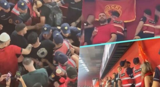 Flamuri i UÇK-së i ndaluar në Tiranë: Policia e shtetit largon flamurin nga stadiumi, por edhe një tifoz që kishte veshur një fanellë të tillë