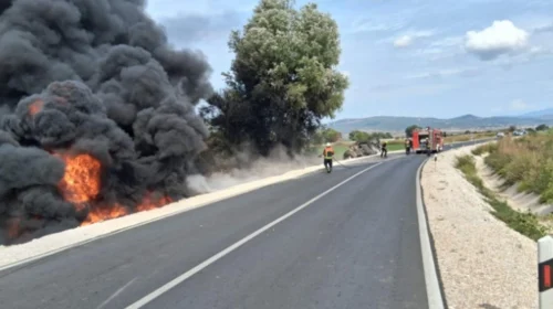 Një cisternë me naftë përfshihet nga flakët në Gjevgjeli – Bogdancë, ndërpritet komunikacioni