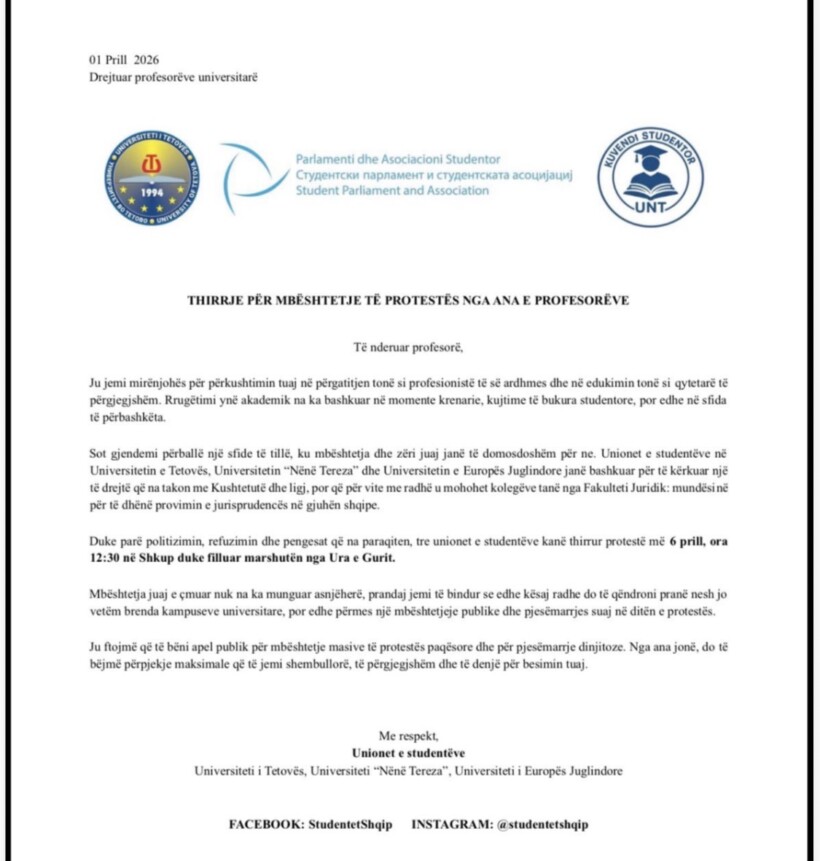 Studentët thirrje profesorëve: Bashkohuni në protestën e 6 prillit në Shkup