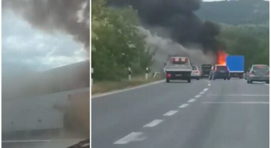 Autobusi përfshihet nga zjarri në autostradën Veles–Shkup, nuk ka të lënduar