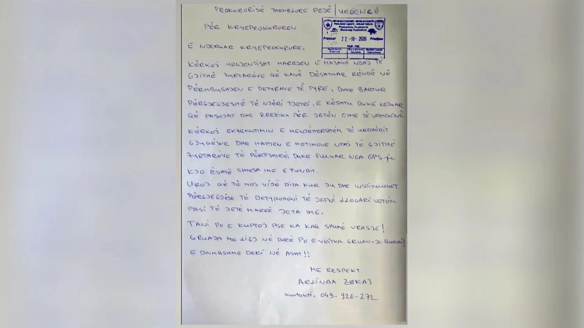 U vra dy orë pasi raportoi dhunën në familje, letra e saj drejtuar prokurorisë në Pejë: Kjo është shpresa ime e fundit